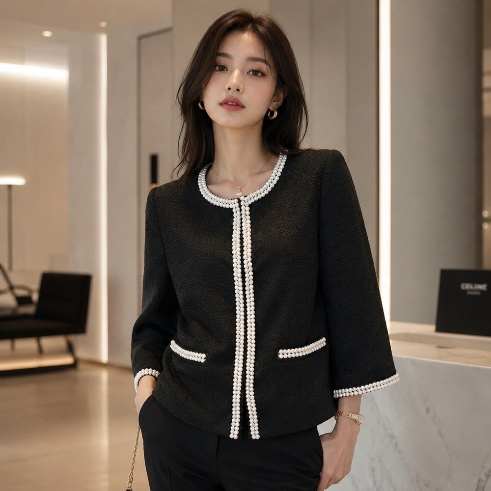 Joan Rivers Pearl Trim Tweed Jacket XS Classic Black Textured Blazer
